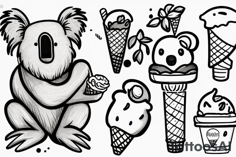 A koala with its legs wrapped around a branch while licking an ice cream cone tattoo idea