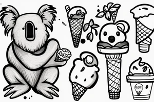 A koala with its legs wrapped around a branch while licking an ice cream cone tattoo idea