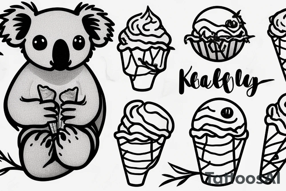 A koala with its legs wrapped around a branch while licking an ice cream cone tattoo idea