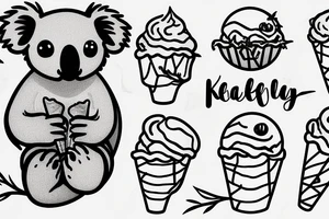 A koala with its legs wrapped around a branch while licking an ice cream cone tattoo idea