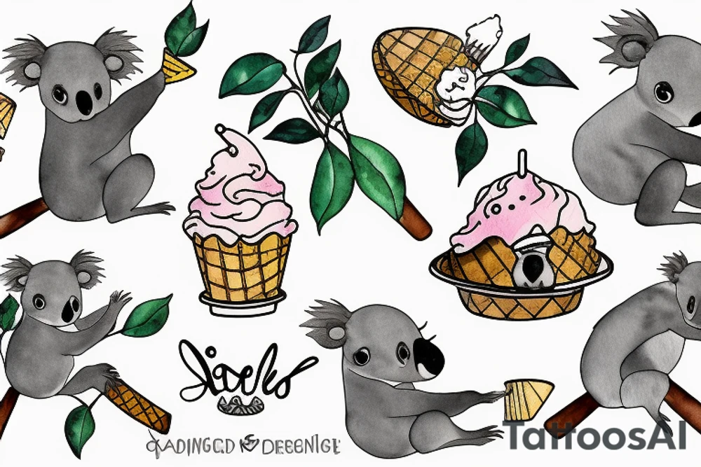 A koala with its legs wrapped around a branch while licking an ice cream cone tattoo idea