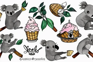 A koala with its legs wrapped around a branch while licking an ice cream cone tattoo idea