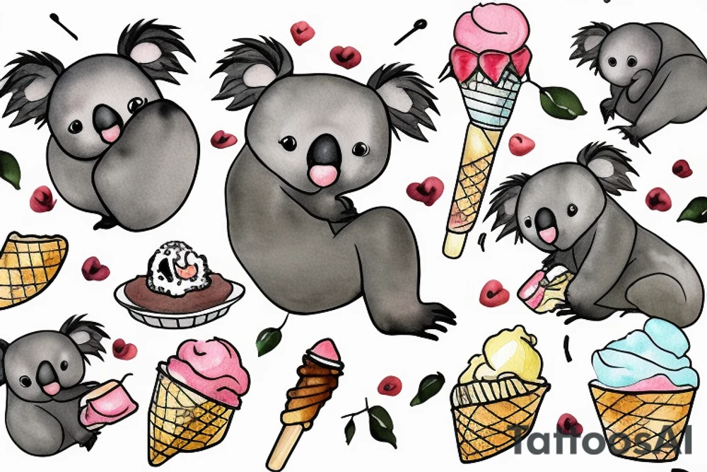 A koala with its legs wrapped around a branch while licking an ice cream cone tattoo idea