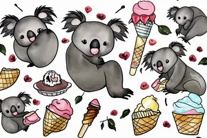 A koala with its legs wrapped around a branch while licking an ice cream cone tattoo idea