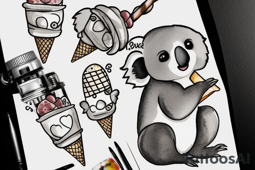 A cute baby koala with its hanging with its legs around a branch while licking an ice cream cone and smiling tattoo idea