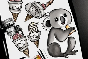 A cute baby koala with its hanging with its legs around a branch while licking an ice cream cone and smiling tattoo idea