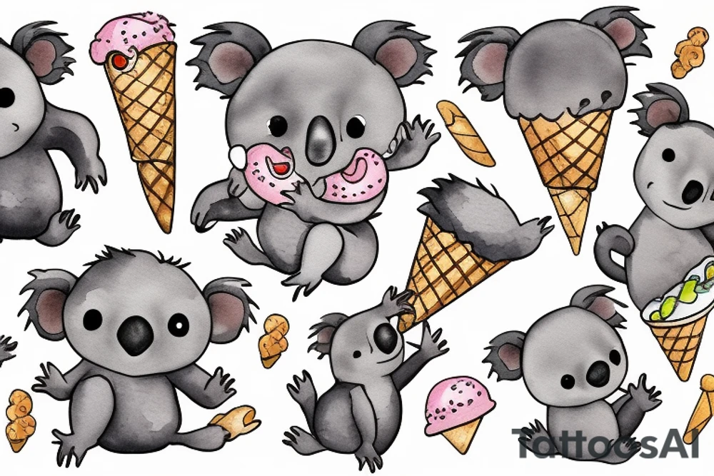 A cute baby koala with its hanging with its legs around a branch while licking an ice cream cone and smiling tattoo idea