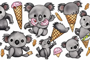 A cute baby koala with its hanging with its legs around a branch while licking an ice cream cone and smiling tattoo idea