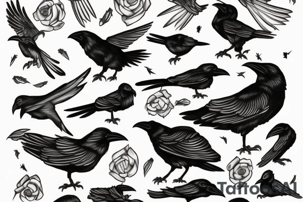 One large Libra raven bird with smaller libra raven birds spanning out from the wings tattoo idea