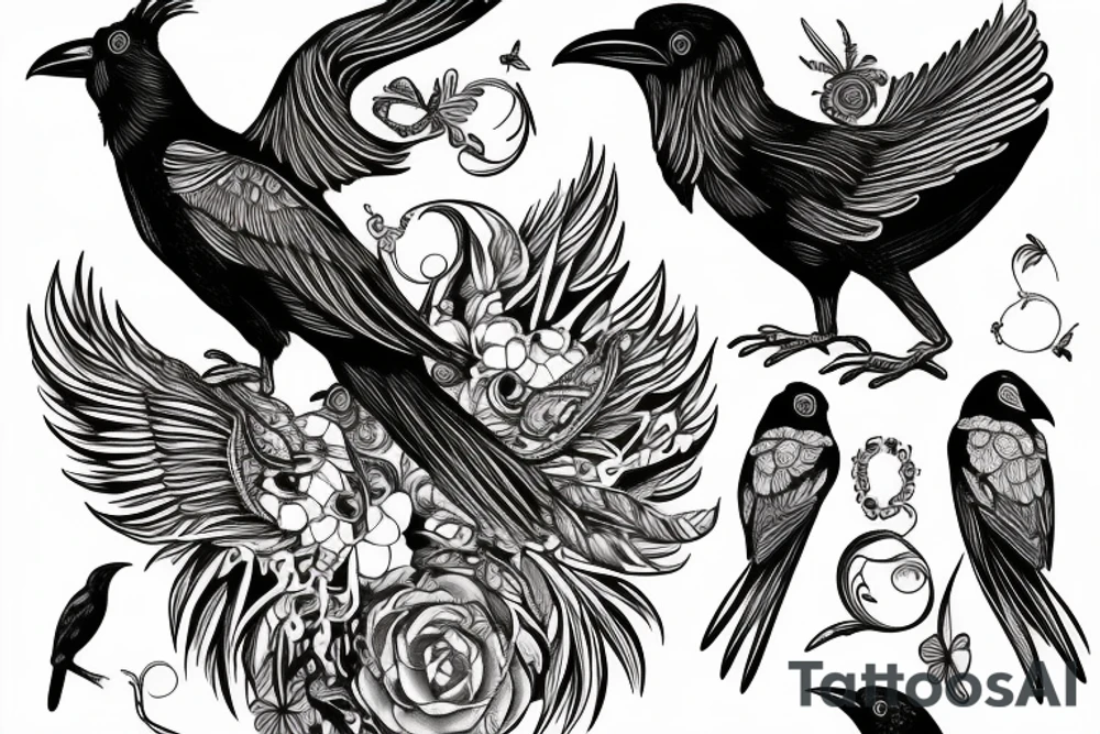 One large Libra raven bird with smaller libra raven birds spanning out from the wings tattoo idea