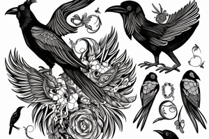 One large Libra raven bird with smaller libra raven birds spanning out from the wings tattoo idea