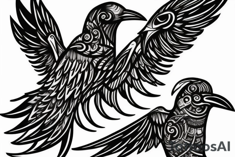 Tiny libra raven birds spanning out from the wings of a large Libra raven bird tattoo idea