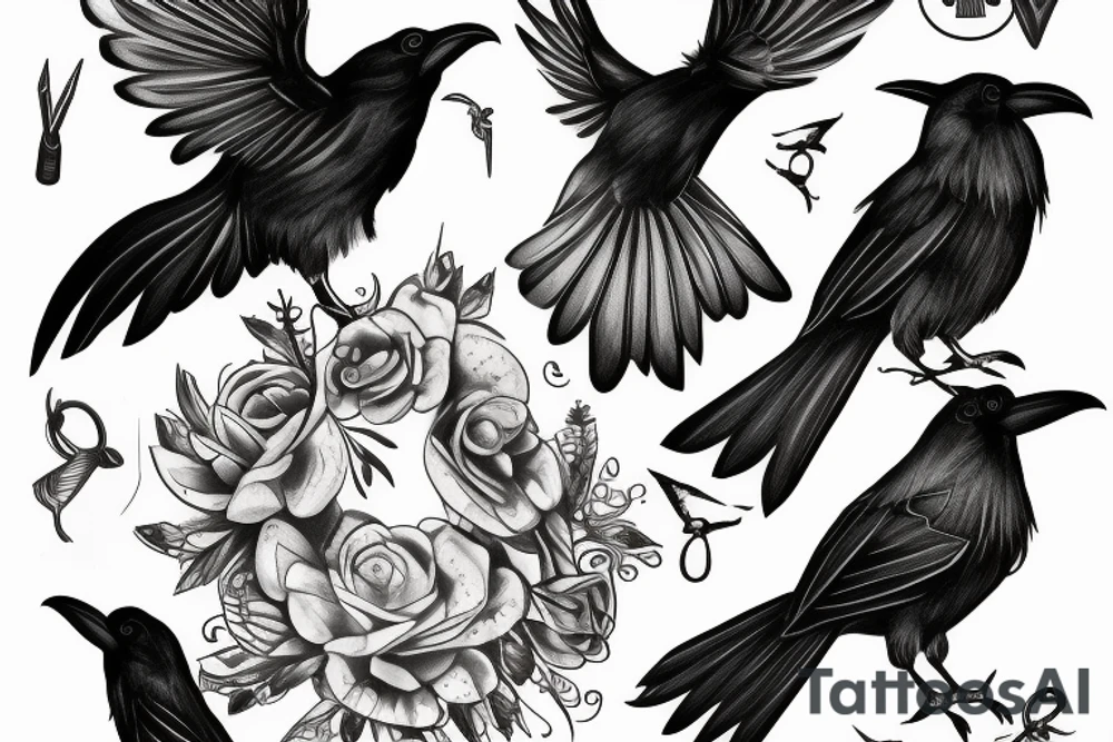 Tiny libra raven birds spanning out from the wings of a large Libra raven bird tattoo idea
