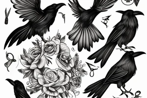 Tiny libra raven birds spanning out from the wings of a large Libra raven bird tattoo idea