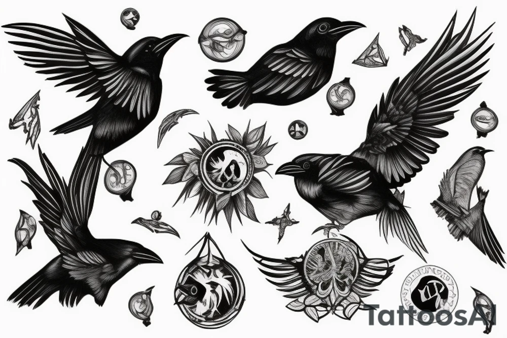 Tiny libra raven birds spanning out from the wings of a large Libra raven bird tattoo idea