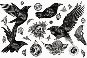 Tiny libra raven birds spanning out from the wings of a large Libra raven bird tattoo idea