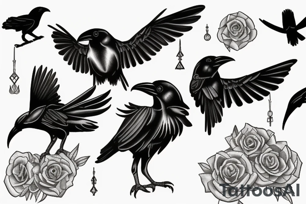 Tiny libra raven birds spanning out from the wings of a large Libra raven bird tattoo idea