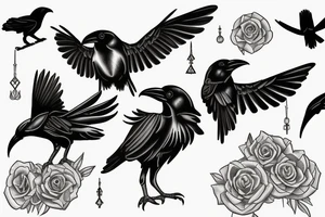 Tiny libra raven birds spanning out from the wings of a large Libra raven bird tattoo idea