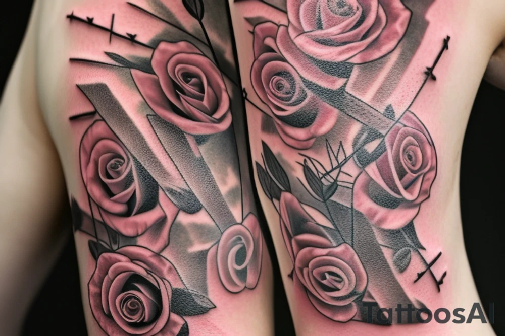 SexyBridge,guitarneck as a bridgetower ,woman,angel,cross,Cross,roses,Thorns,roman numbers,blindfolded woman,roses wrapped around a cross, time, clock time picker tattoo idea