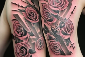 SexyBridge,guitarneck as a bridgetower ,woman,angel,cross,Cross,roses,Thorns,roman numbers,blindfolded woman,roses wrapped around a cross, time, clock time picker tattoo idea