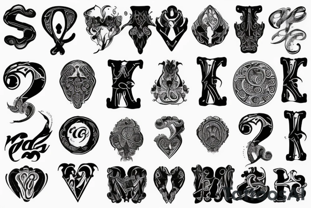 Lettering tattoo style, 7S, white background, black to red gradient, --no skin tattoo idea