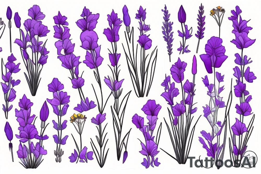 lavender, gladiolus, poppy, daisy bouquet tattoo idea