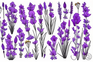 lavender, gladiolus, poppy, daisy bouquet tattoo idea