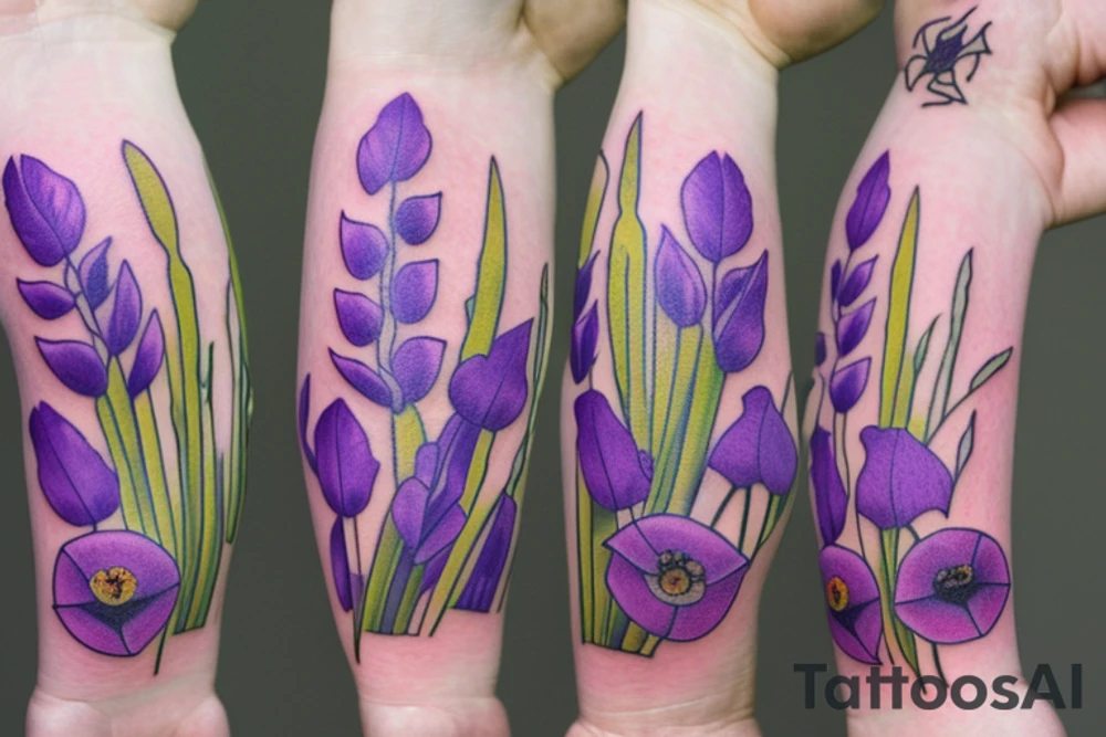 lavender, gladiolus, poppy, daisy bouquet tattoo idea
