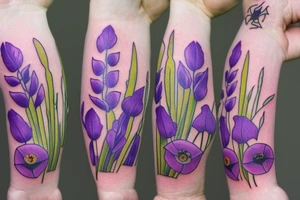 lavender, gladiolus, poppy, daisy bouquet tattoo idea