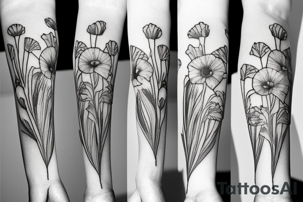 gladiolus, poppy, daisy bouquet tattoo idea