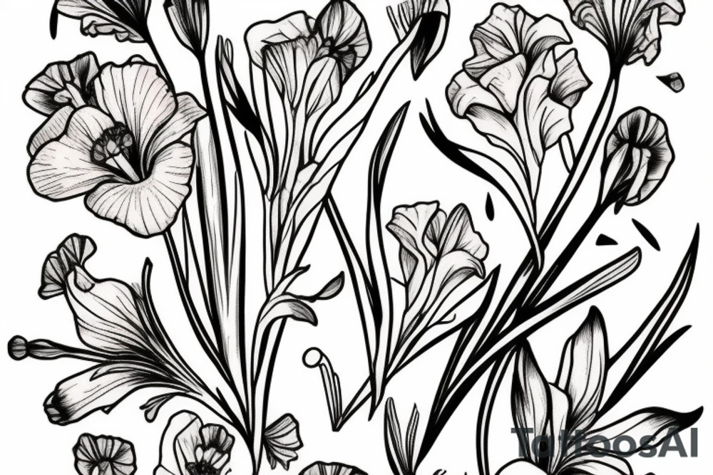 gladiolus, poppy, daisy bouquet tattoo idea