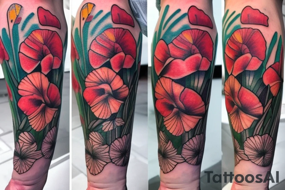 gladiolus, poppy, daisy bouquet tattoo idea