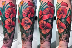 gladiolus, poppy, daisy bouquet tattoo idea