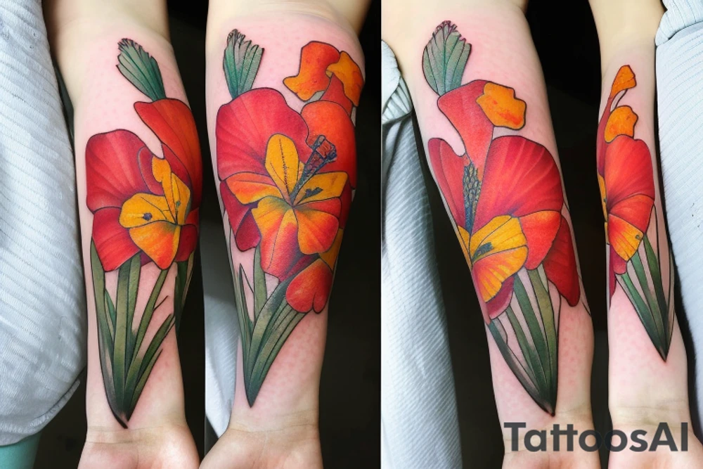 gladiolus, poppy, daisy bouquet tattoo idea