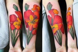 gladiolus, poppy, daisy bouquet tattoo idea