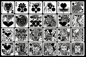 God of chaos and luck with dices, cards and hearts tattoo idea