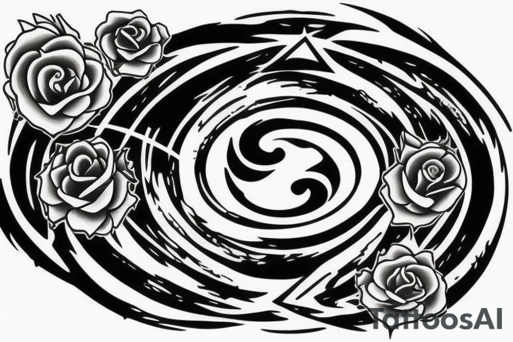 full black circle with daggers and roses tattoo idea