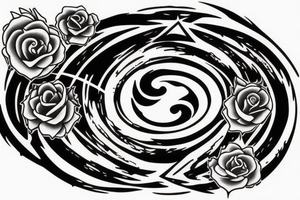 full black circle with daggers and roses tattoo idea