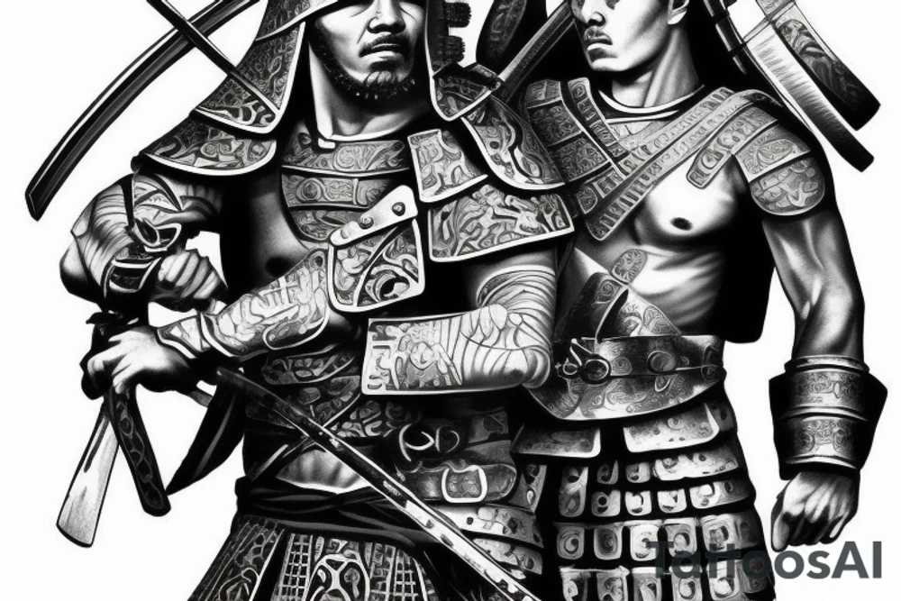 Samurai warrior fighting along side a greek roman warrior in realism tattoo idea