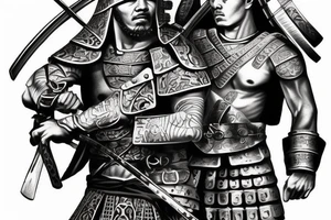Samurai warrior fighting along side a greek roman warrior in realism tattoo idea