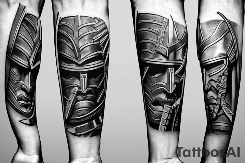 Samurai warrior fighting along side a greek roman warrior in realism tattoo idea