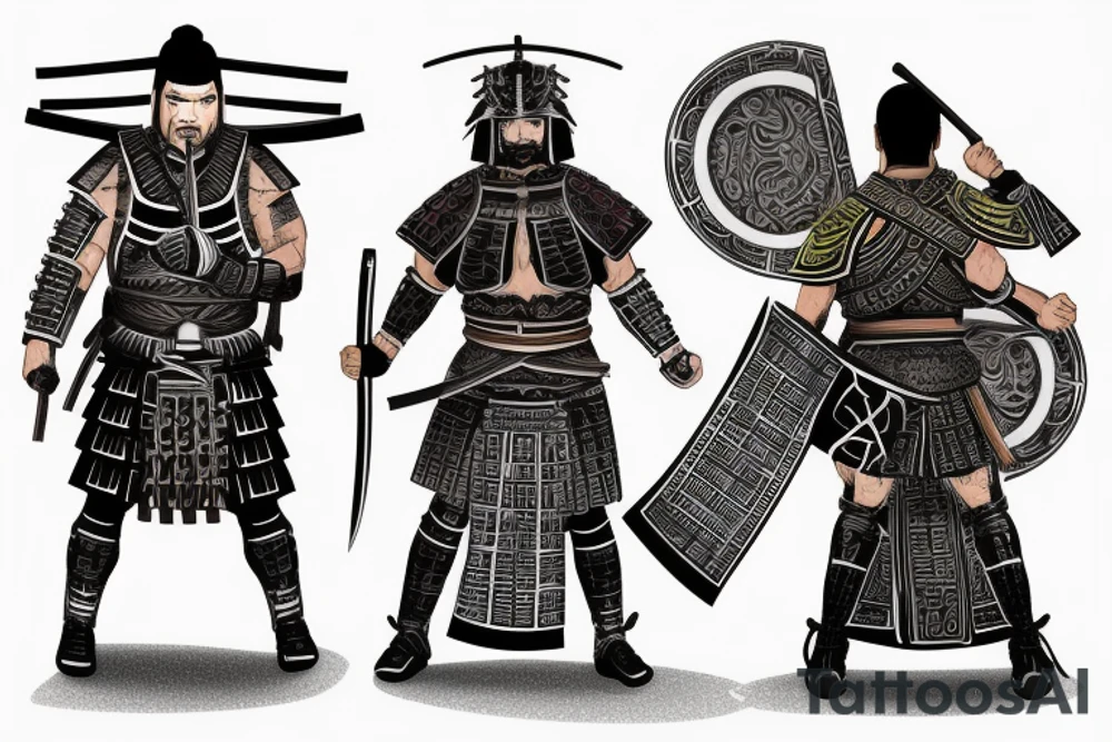 a samurai warrior standing next to roman warrior with some background details for a back tattoo tattoo idea