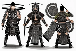 a samurai warrior standing next to roman warrior with some background details for a back tattoo tattoo idea