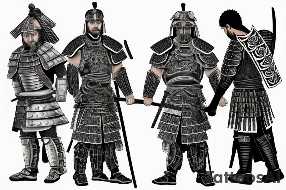 a samurai warrior standing next to roman warrior with some background details for a back tattoo tattoo idea