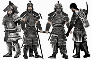 a samurai warrior standing next to roman warrior with some background details for a back tattoo tattoo idea