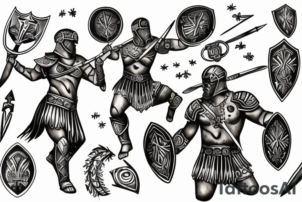 Gladiator fighting with shield and spear tattoo idea