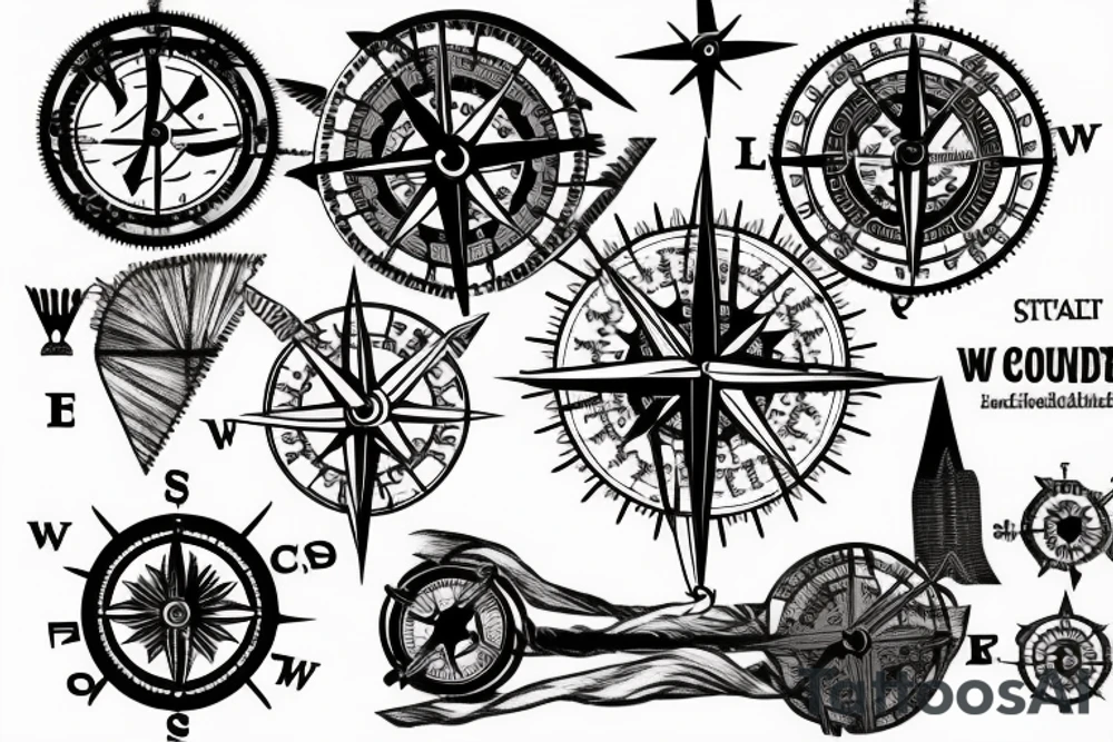Back tattoo about the country with windmills and tumbleweeds with a compass tattoo idea