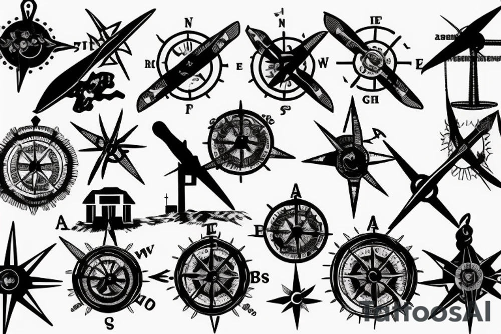 Back tattoo about the country with windmills and tumbleweeds with a compass tattoo idea