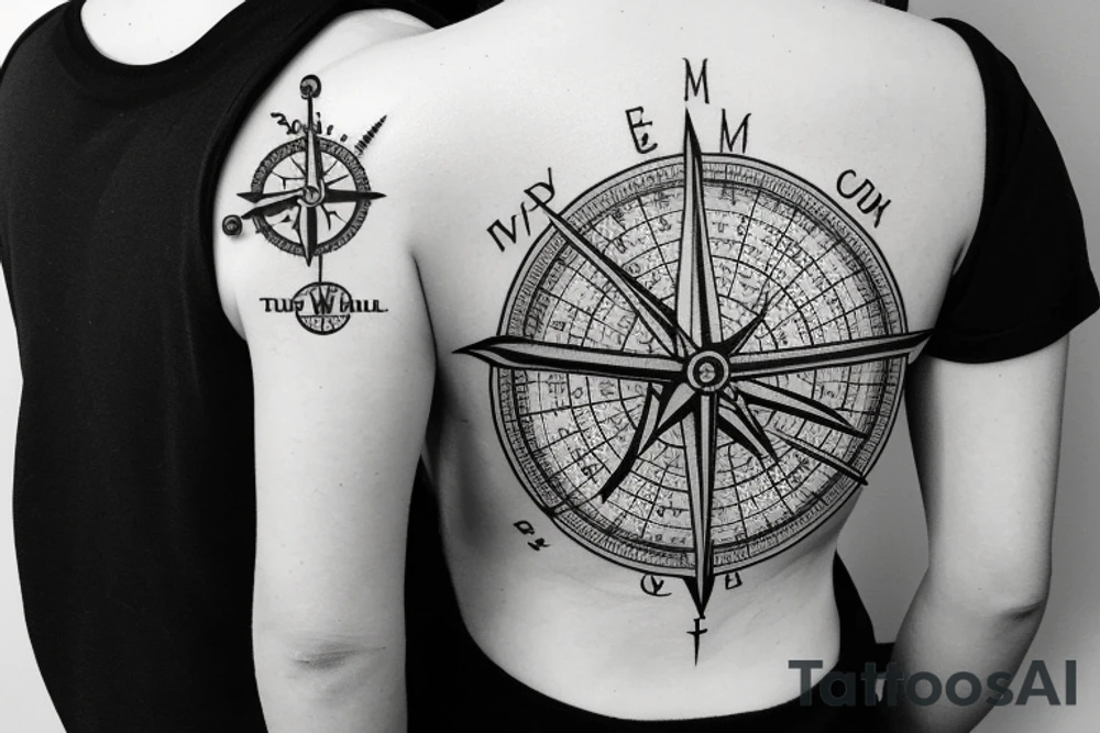 Back tattoo about the country with windmills and tumbleweeds with a compass tattoo idea