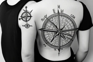Back tattoo about the country with windmills and tumbleweeds with a compass tattoo idea